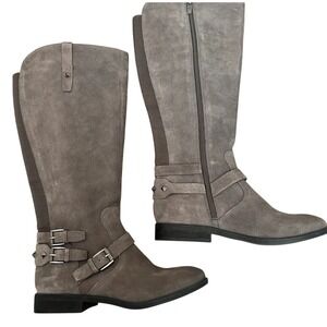 Marc Fisher Womens Gray Suede Knee High Boots Buckle Studded Side Zip Flat‎ Heel